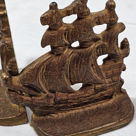 Vintage Brass Ship Nautical Bookend Pair Embossed "501" 4.25"H 4.5"L Metal Decor - Picture 2 of 14
